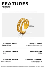 Detail showing 2.3g weight and 1.7cm diameter of 18K gold plated double layer chain ring
