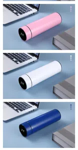 Detail of smart LED temperature display lid on stainless steel vacuum flasks