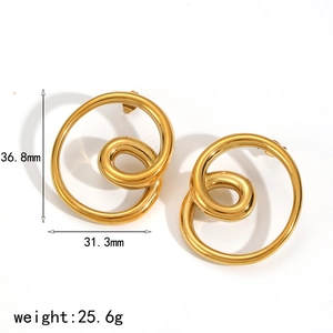 Two-tone stainless steel swirl hoop earrings with size dimensions and weight info