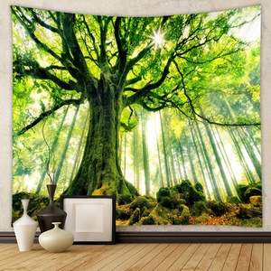 Macro detail of high-resolution forest tapestry with ancient mossy tree and sunlight