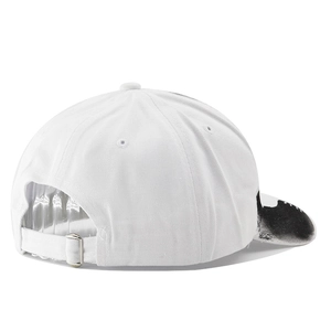 Adjustable back strap and metal buckle of white cotton baseball cap with graffiti detail