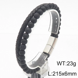 Men's double-layer leather bracelet with matte beads and silver magnetic buckle