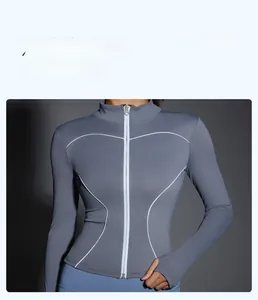 Detail of reflective stripes on slim-fit yoga jacket with soft elastic fabric