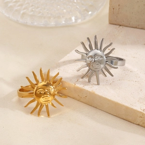 Minimalist 18K gold plated stainless steel sun face open ring in gold and silver finish