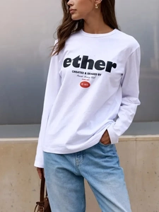 Αμερικάνικο Ρετρό Streetwear Μακρυμάνικο T-shirt Για Γυναίκες Βαμβακερό Χαλαρό Στρογγυλή Λαιμόκοψη Γράμματα Σικ Φθινοπωρινή Μπλούζα