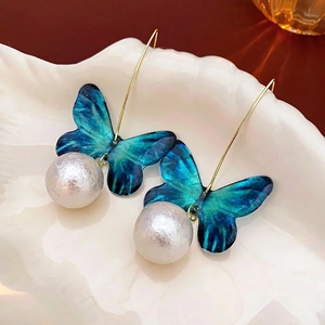 Blue Butterfly Dangle Earrings With Faux Artificial Pearl Acrylic And Steel Earring Post Elegant Niche Design For Women