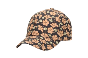 Detailed close-up of the black baseball cap with orange hibiscus floral print
