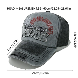 Detailed measurement view of vintage washed baseball cap with New York 3D embroidery