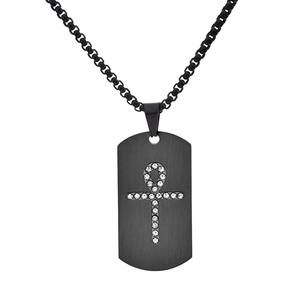 Collier plaque militaire noire brossée avec pendentif croix Ankh serti de cristaux