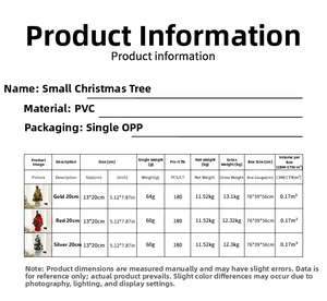 Size chart for 20cm mini Christmas trees in gold, red and silver PVC colors