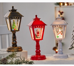 Close-up of three vintage Christmas street lamp globes featuring Santa, Snowman and Tree
