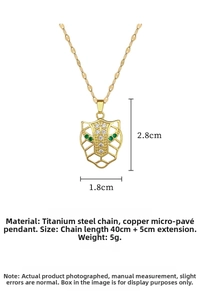 Detail of leopard head pendant with green zircon eyes and pave micro-inlay on titanium chain