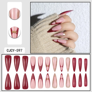 French stiletto press-on nails in burgundy and pink with golden beads, 24 piece set