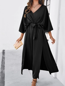 Elegant black V-neck satin maxi dress with waist tie and side slit detail for women