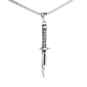 Men's stainless steel long necklace featuring a silver dagger pendant on white background