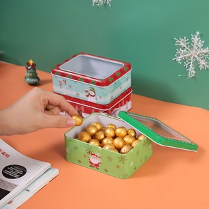Festive Christmas tin gift boxes with lids for cookies, candies, and holiday treats