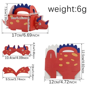 Red 3D dinosaur cardboard candy box dimensions and flat assembly kit for party favors
