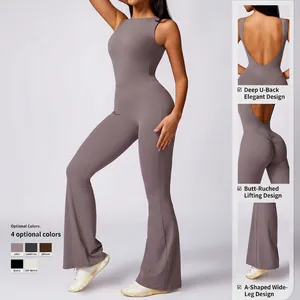 Women's backless flared yoga jumpsuit with peach lift design in mauve grey stretch fabric