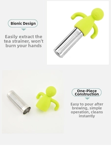 Creative humanoid tea infuser with green silicone handle and stainless steel mesh filter