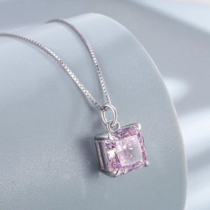 925 sterling silver necklace with pink square ice cut cubic zirconia pendant