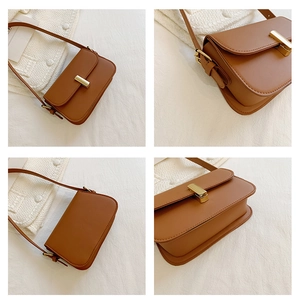 Detailed four-angle view of brown leather crossbody bag with golden metal lock