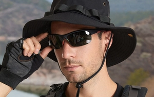 Outdoor sun hat set with wide brim boonie hat, sports sunglasses and tactical gloves
