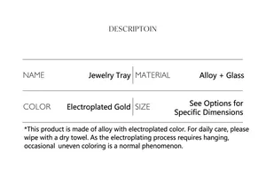 Detailed specifications of gold plated alloy and glass jewelry storage tray dimensions