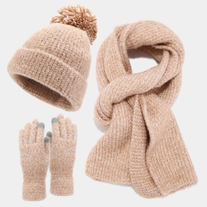 Three-piece knit set including a pom-pom beanie, wide scarf, and touchscreen gloves in beige
