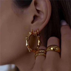 Luxurious 18k gold plated stainless steel polygon bamboo earrings and chunky rings set