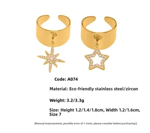 Close-up of 18k gold plated stainless steel star rings with inlaid zircon stones
