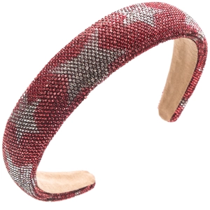 Detailed close-up of thick sponge headband with red and silver rhinestone star patterns