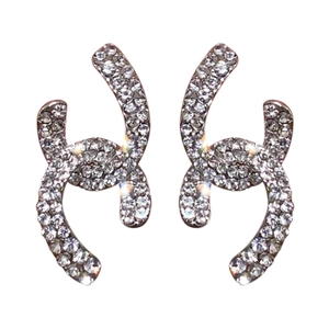Silver needle crisscross double C stud earrings with sparkling pave rhinestones