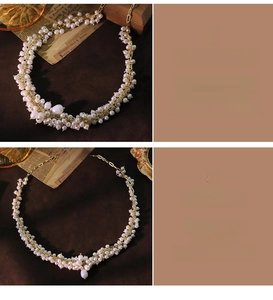 Detail of handmade vintage freshwater pearl necklace with woven gold chain and adjustable link