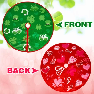 Double-sided holiday tree skirt with St. Patrick's clover and Valentine's heart patterns