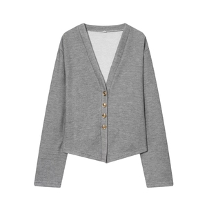 Detailed view of grey knitted V-neck cardigan with five textured gold buttons