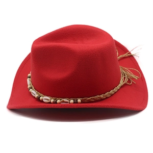 Classic red western cowboy hat with ethnic shell and wooden bead braided trim