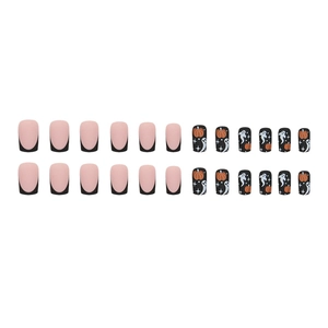 24pcs Halloween matte black French press-on nails with pumpkin and ghost designs
