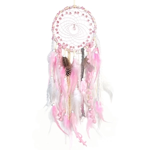 Handmade pink and white dream catcher with glass beads and soft hanging feathers
