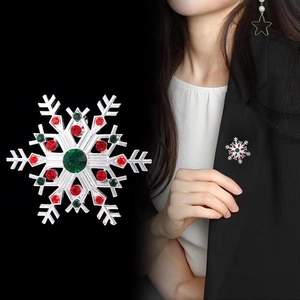 Christmas snowflake brooch with red and green rhinestones on silver base for women