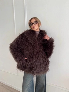 Faux fox fur short jacket in dark brown with fluffy collar and oversized plush texture