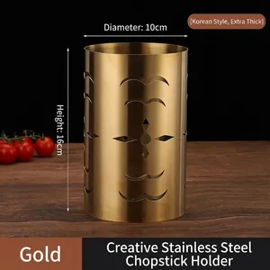Detailed view of golden stainless steel cutlery holder with height 16cm and 10cm diameter