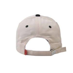 Rear view of beige cotton baseball cap featuring adjustable metal strap and red logo label