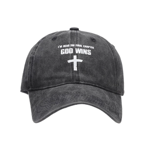 Washed dark gray baseball cap with religious print and God Wins cross graphic
