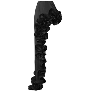 Detail of dramatic layered ruffle side seam on black avant-garde skirt swimwear