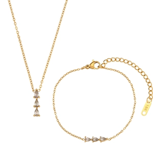 18K gold plated stainless steel jewelry set featuring pear-shaped zircon bamboo pendants