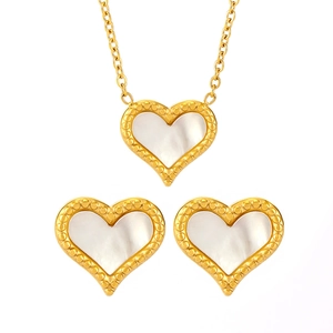 Gold-plated heart necklace and earrings set featuring white mother-of-pearl inlays