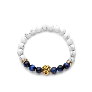White turquoise and blue tiger eye beaded bracelet with a golden lion head charm