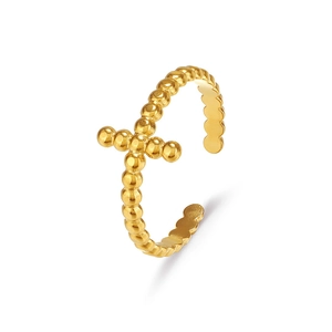 Minimalist gold plated stainless steel cross ring with beaded design on a white background