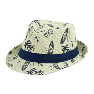 Cappello di paglia jazz estivo con stampa surf palma e nastro blu scuro parasole