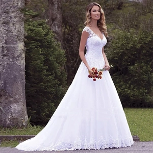 Elegant White Lace Wedding Dress V Neck A Line Tulle Bridal Gown With Sweep Train And Three Quarter Sleeves For Women